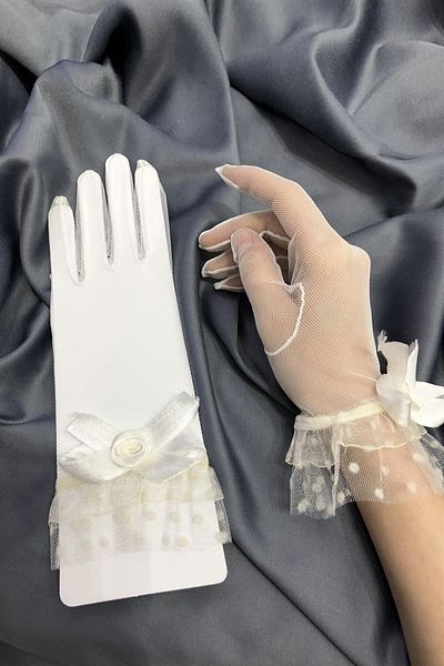 Hobigram Black Feather Bridal Accessory Party Gloves with Black Polka Dot Detail – Party Gloves, Stylish Design – P