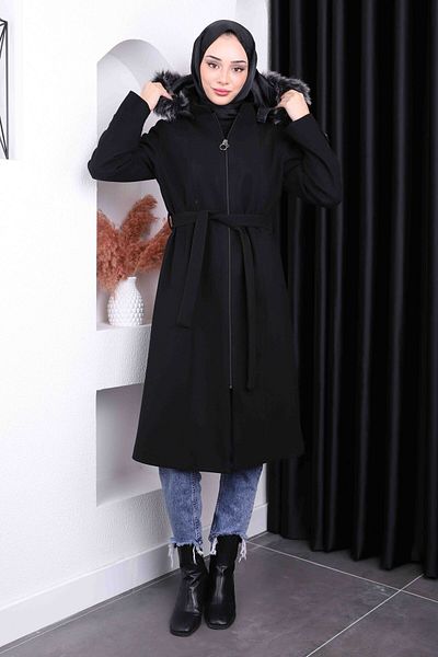 İmajButik Μαύρο παλτό με ζώνη μέσης