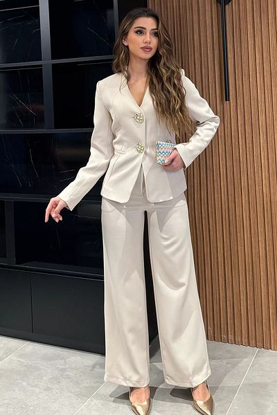 GÜLSELİ Stone Button Detailed Jacket Pants Double Set