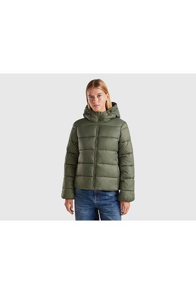 United Colors of Benetton Women's Green Front Pocket Zipper Closure Drawstring Hooded Coat