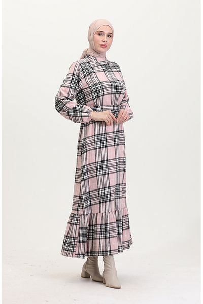 sefamerve Holzfäller-Stoffkleid mit Gürtel 0537-03 Powder