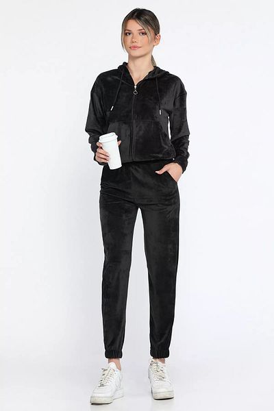 GÜLSELİ Black Women's Velvet Hooded Zippered Sweat Pants Double Set