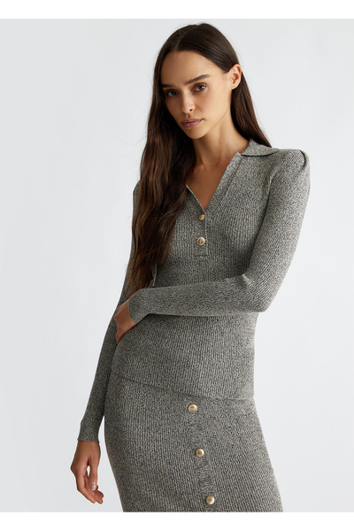 liu.jo Kadın İki Tonlu V Yaka Uzun Kollu Ön Düğme İliklemeli Gri Kazak WF4233...