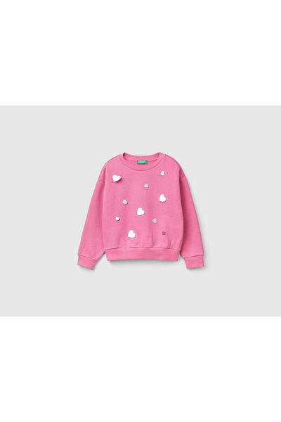 United Colors of Benetton Girl's Pink Front Heart Sequined Off-Shoulder Crew Neck Sweatshirt