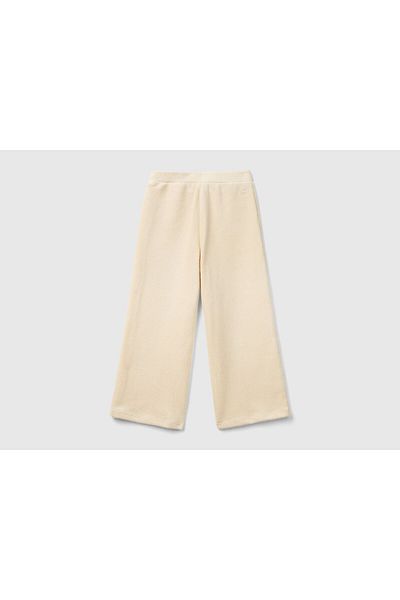United Colors of Benetton Girl's Ecru Wide Leg Trousers with Logo Embroidered on the Back