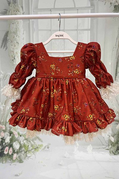 Bertuğ Bebek Rochie de designer de rochie de seara pentru fetita din catifea cu volan cu modele florale