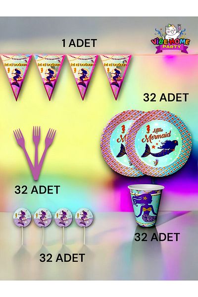 VibeHome Mermaid Themed Eco Set for 32 - Birthday Party and Fun Events