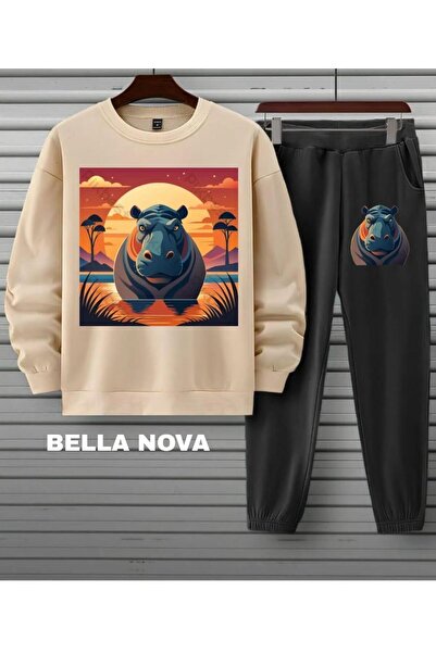 bellanova - 3 Yarn Printed Tracksuit Hooded Sweatshirt Bottom-Top Set