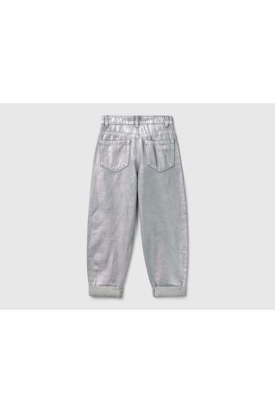 United Colors of Benetton Girl's Silver Back Logo Detailed Used Effect Crooked Leg Pants