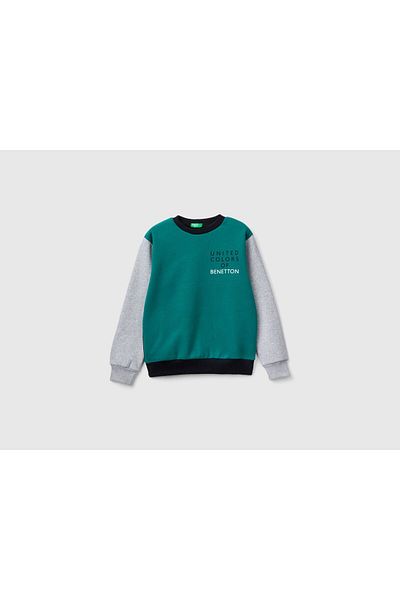 United Colors of Benetton Момчешки суитшърт с ребристо зелено и лого с щампа отпред