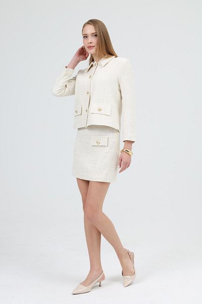 Dilek Aydın Atelier Ecru Tweed Suit Gold Button Detailed Jacket Skirt Suit