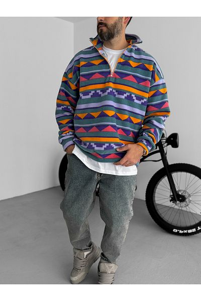 BYBASICMAN Colorful Mosaic Pattern Fleece Sweatshirt Pm-155