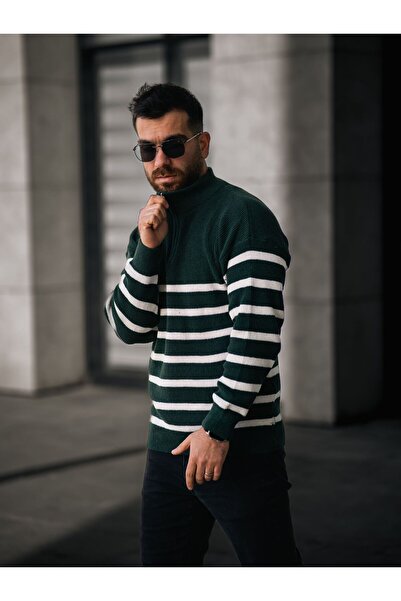 Know Ανδρική Πράσινη Λευκή Μισό Φερμουάρ Διπλό Γιακά Μπλούζα Ριγέ Μάλλινη