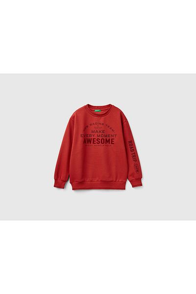 United Colors of Benetton Суитшърт с кръгло деколте с щампа отпред и ляв ръкав с канела за момче