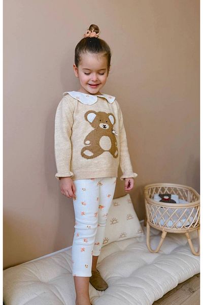 Lolliboomkids Pulover adorabil cu imprimeu de ursuleț de pluș și colanți cu flori pentru fete - bebeluși