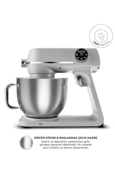 Karaca Multichef Artisan Digital Ekran 7 Litre Döküm Stand Mikser Silver Brushed 1800 W