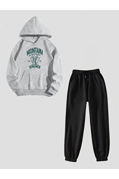 LAYORA LUNAVISTA Gray Hooded Sweatshirt Montana and Black Elastic Waist Botto...