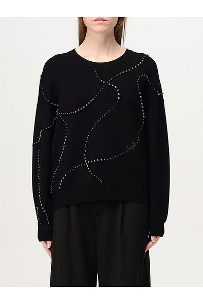 Liu Jo Pulover negru pentru femei cu decolteu rotund brodat cu margele - Maneca lunga, croiala relaxata WF4174MS49I-22222