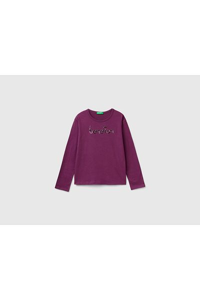 United Colors of Benetton Tricou cu mânecă lungă pentru fetiță, mov, cu paiete în față, cu logo brodat