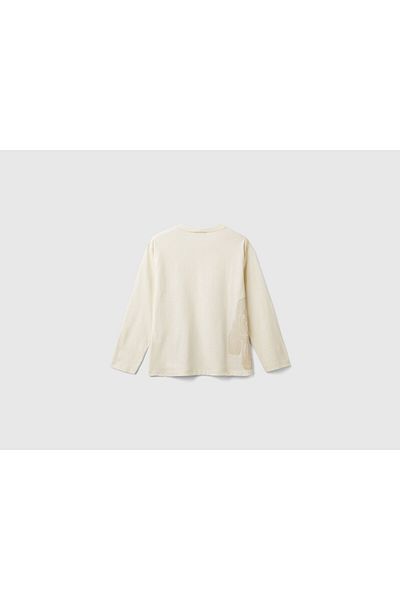 United Colors of Benetton Tricou cu mânecă lungă imprimat ecru față și spate pentru băiat
