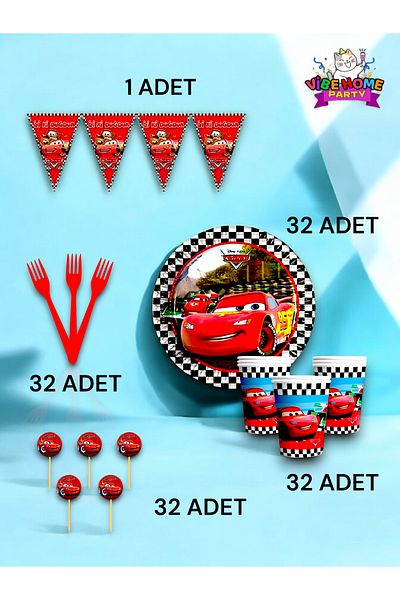VibeHome 32 Person Cars Themed Eco Set - Birthday Party and Fun Events