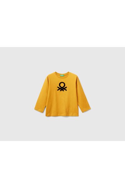 United Colors of Benetton Boys Mustard Yellow Front Logo Embroidered Regular ...