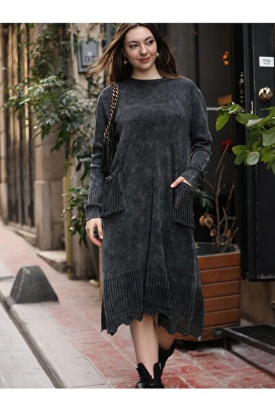 Sosyete Kaplumbağa Authentic 100% Cotton Knitwear Long Sleeve Pocket Wash Dress