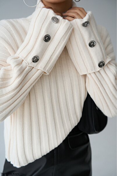 Lupies Pulover de damă crem cu gât roscat cu nasturi