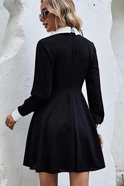 Deafox Černé šaty z krepové látky s dlouhým rukávem a límečkem