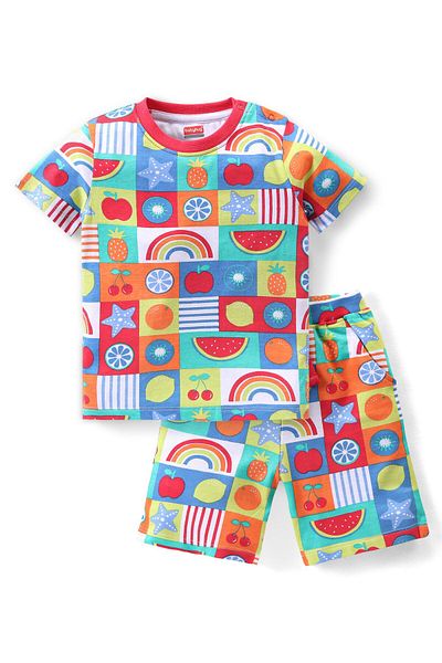 Babyhug 100% Cotton Knit Half Sleeves Fruits Printed T-Shirts & Shorts/Co-ord Set - Multicolor