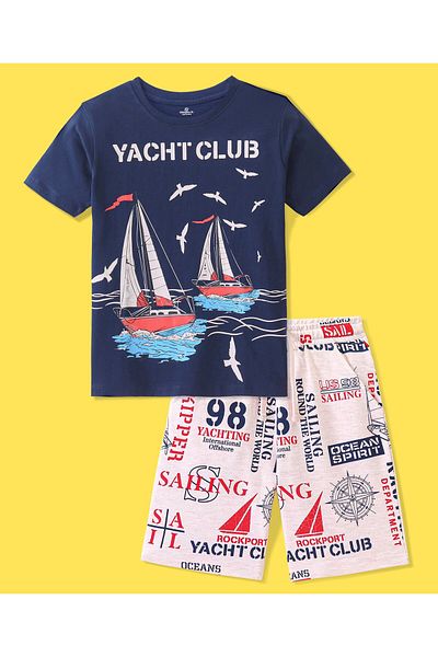 Ollington St. Ollington St. 100% Cotton Knit Half Sleeves T-Shirt & Shorts Set - Navy Blue & Oatmeal Melange