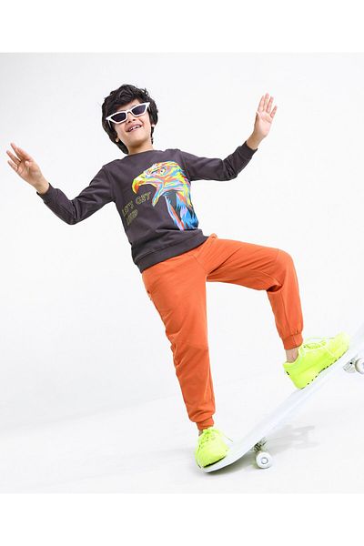 Ollington St. Ollington St. 100% Cotton Full Sleeves Sweatshirt & Lounge Pant With Eagle Print - Black & Rust