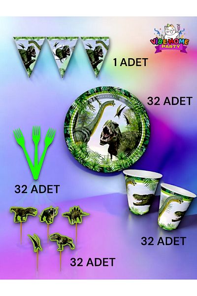 VibeHome Jurassic Themed Eco Set for 32 People - Birthday Party and Fun Events
