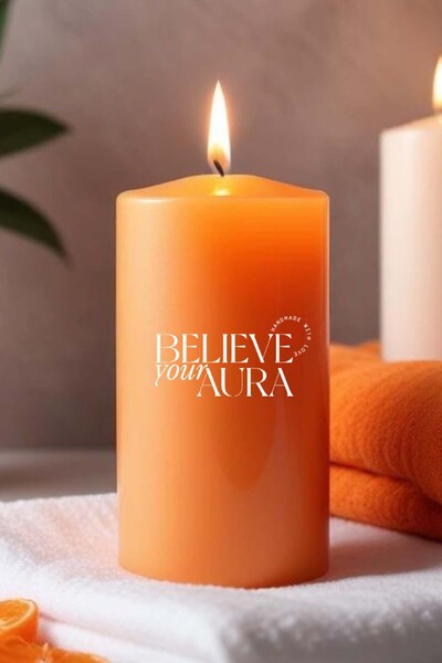 Believe Your Aura Sandal Ağacı Kokulu Turuncu Silindir Mum - %100 Doğal Soya ...