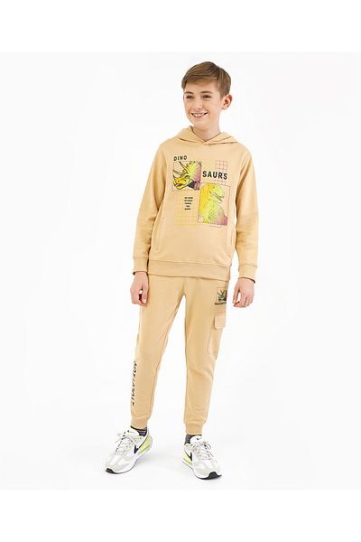 Primo Gino Cotton Full Sleeves Winter Wear Suit & Hoodie Text With Dino Print - Beige