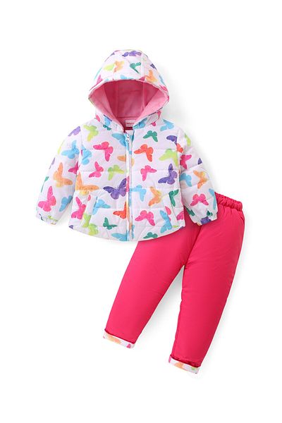 Babyhug Woven Full Sleeves Hooded Puffer Winter Wear Suit With Butterfly  Print - White