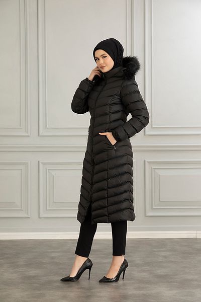 Space Fashion Palton lung negru puf pentru femei