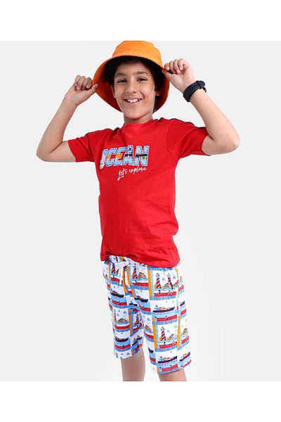 Ollington St. Ollington St. 100% Cotton Knit  T-Shirts & Shorts Set Light House Print  -Red & White