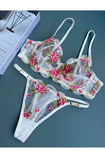 CES'Y LİNGERİE Olivia Pink-Green Embroidered Balen Brode Bra Suit
