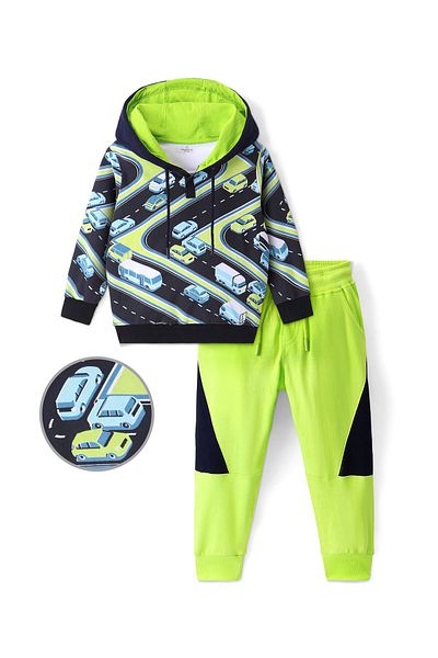 Ollington St. Ollington St. 100% Cotton Full Sleeves Hoodie & Lounge Pants With Cars Print - Black & Lime