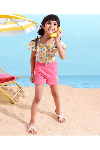 Babyhug 100% Cotton OffShoulder Watermelon Print Top with Shorts Set with Bow Applique -White & Pink