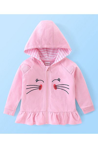 Babyhug 100% Cotton Full Sleeves T-Shirt & Hooded Top With Lounge Pants Stripes & Kitty Print- Pink
