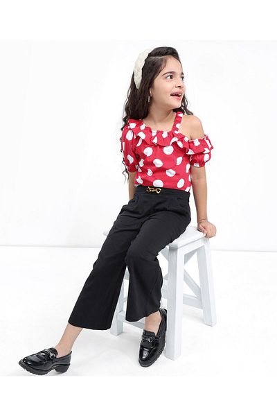 Ollington St. Ollington St. One Shoulder Top and Culottes Set with Polka Print - Red & Black