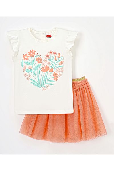 Babyhug 100% Cotton Half Sleeves Top & Skirt Set Floral Print- Peach
