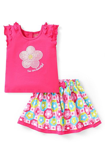 Babyhug Single Jersey Frilled Sleeves Top with Sequins & Skirt Set Floral Print - Pink