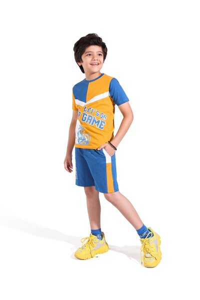 Ollington St. Ollington St. 100% Cotton Knit Half Sleeves T-Shirt & Shorts/Co-ord Set Text Print - Yellow & Blue