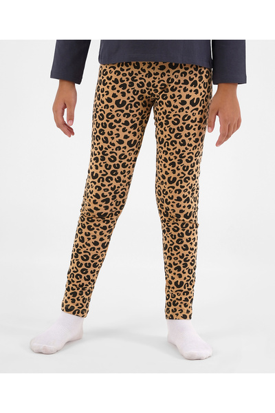 Primo Gino 100% Cotton Full Sleeves T-Shirt & Leggings With Sequin Detailing & Leopard Print - Grey