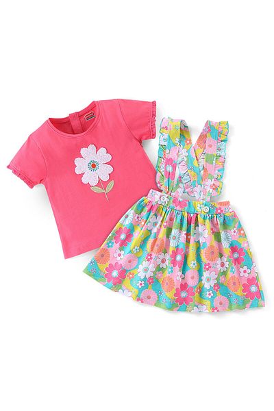Babyhug 100% Cotton Knit Half Sleeves Top & Skirt Set with Suspender & Floral Print - Pink