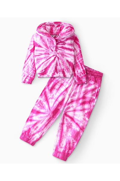 Ollington St. Ollington St. 100% Cotton Knit Full Sleeves Dyed Hooded Top & Jogger Pants/Co-ord Set-White & Pink