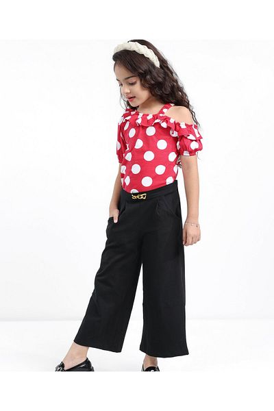 Ollington St. Ollington St. One Shoulder Top and Culottes Set with Polka Print - Red & Black